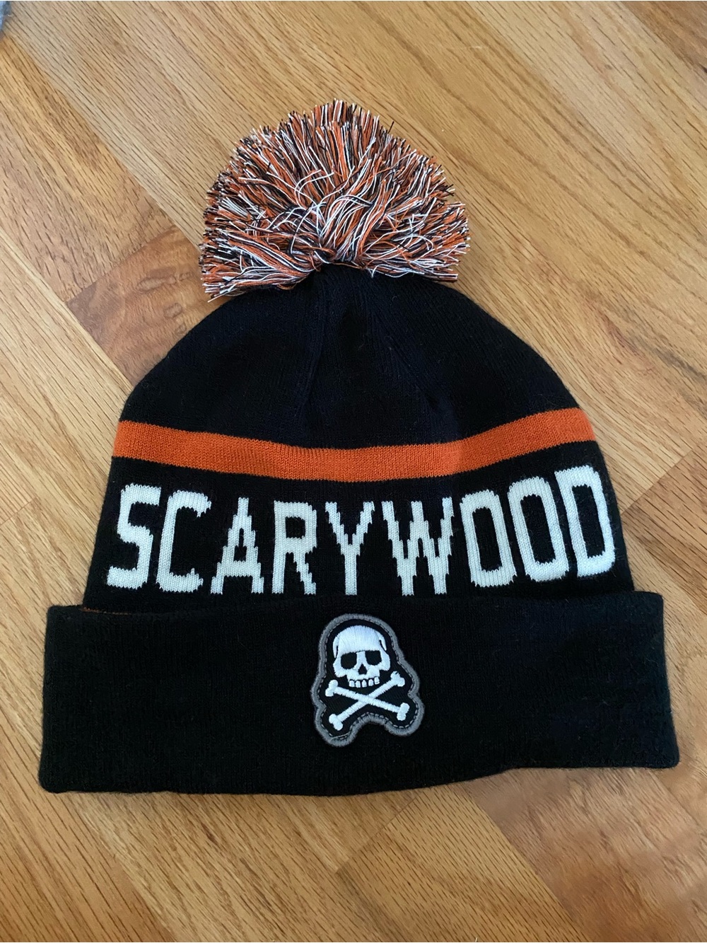 The Game Black & Orange Pom Knit Beanie with Skull Patch Halloween Unisex